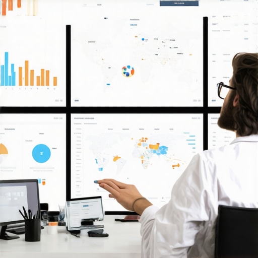 Digital marketer analyzing local SEO metrics using automation software and maps.
