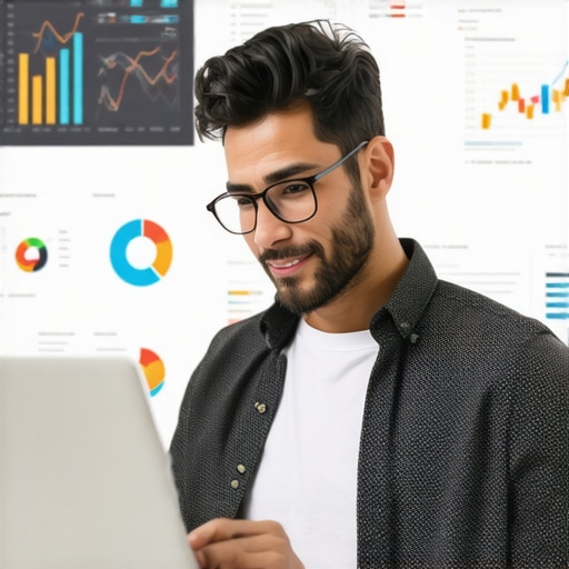 Entrepreneur reviewing local SEO analytics on a laptop with charts and maps