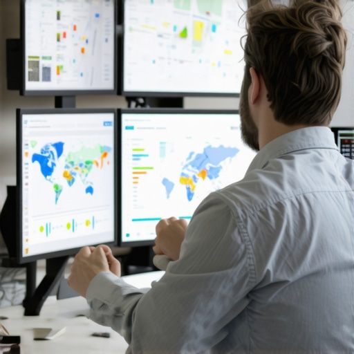 Marketing professional analyzing local SEO tools on screens in office.