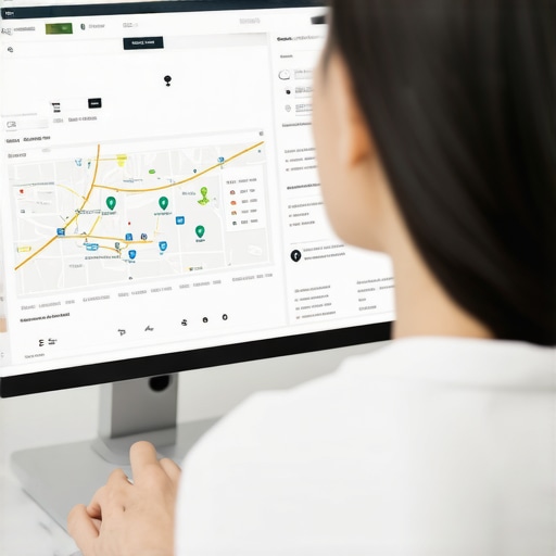 Person reviewing local SEO analytics on a computer with maps and graphs