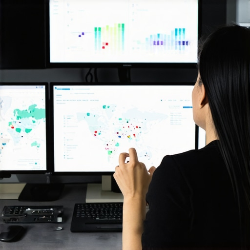 Person analyzing local SEO data on screens with maps and charts.