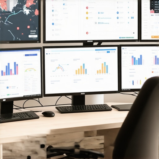 A workspace with screens showing local search analytics and maps software for ongoing SEO maintenance.