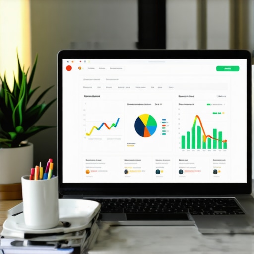 A workspace with SEO dashboards, charts, and a laptop showing local search analytics.