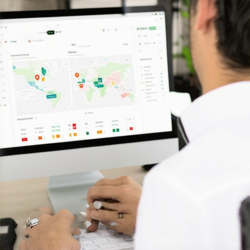 Business owner analyzing local SEO data on computer with maps and charts