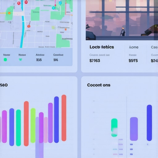 Local SEO Dashboard Insights Digital dashboard showing local SEO analytics, maps, and rankings.