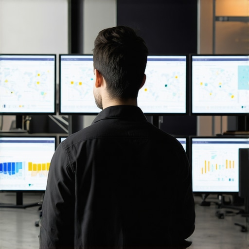 A person analyzing local SEO metrics on digital screens with maps, graphs, and data charts.