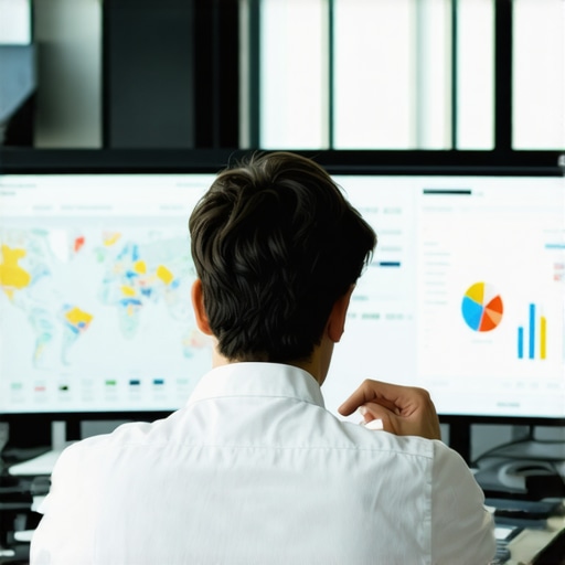 SEO Dashboard Analysis for Local Map Optimization A marketer reviewing analytics dashboards on screens showing local map rankings and growth metrics.