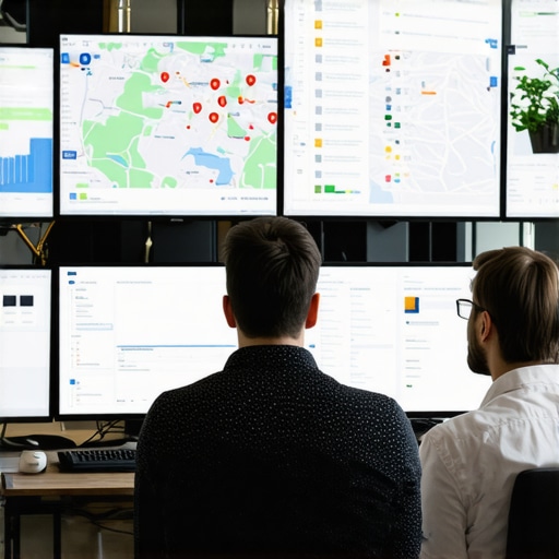Business team configuring local SEO tools and monitoring map rankings on screens.