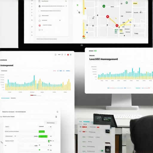 Screens displaying local SEO dashboards with maps, analytics, and automation controls.