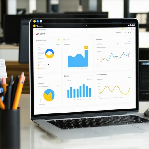Laptop showing dashboards of local SEO analytics and automation tools in modern office setting.