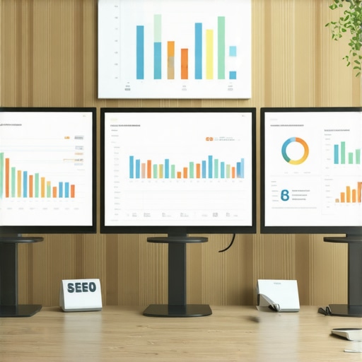 A workspace with monitors displaying analytics, SEO dashboards, and maps software, illustrating effective local SEO maintenance.