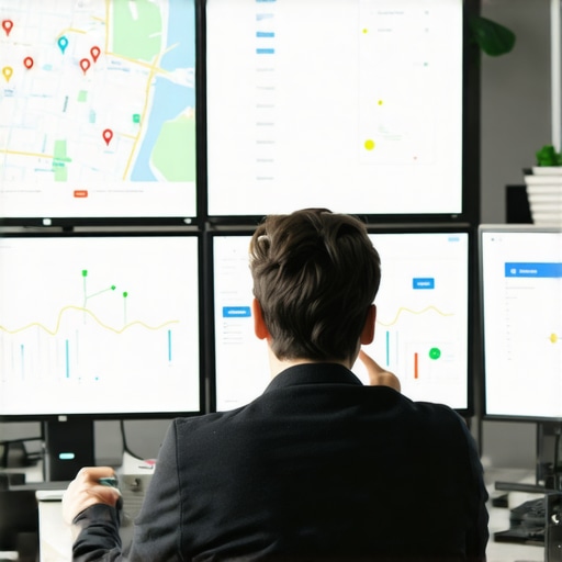 Person analyzing local SEO data on multiple screens, focusing on maps and analytics dashboards